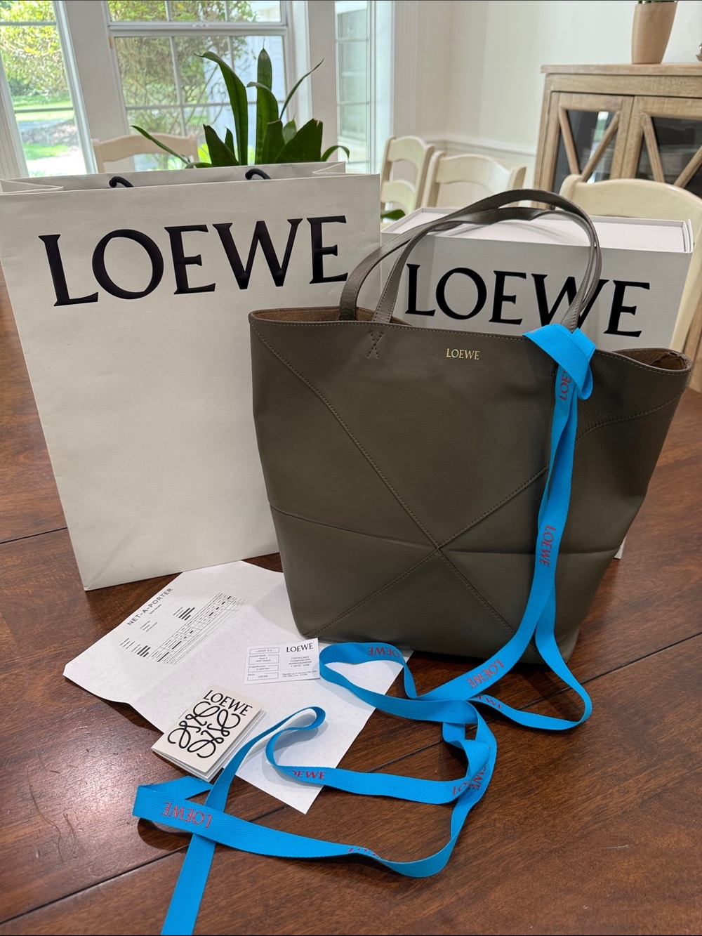 Loewe Puzzle Fold Tote Khaki Green with receipt & organizer